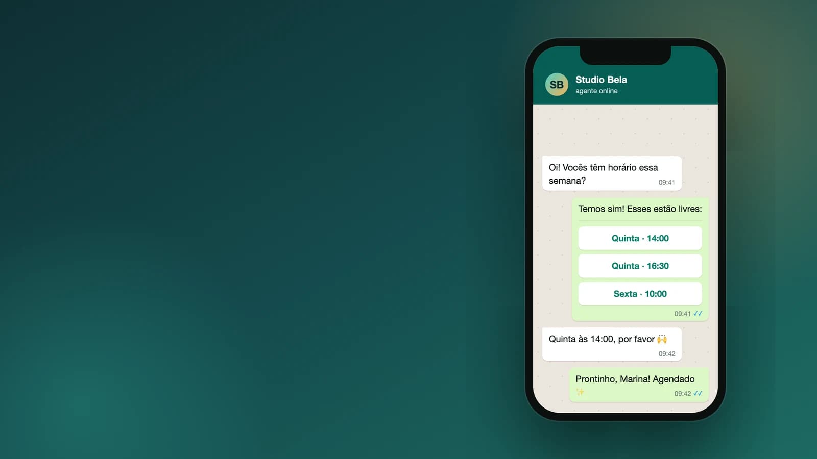 Conversa no WhatsApp em que o agente sugere horários livres e confirma o agendamento