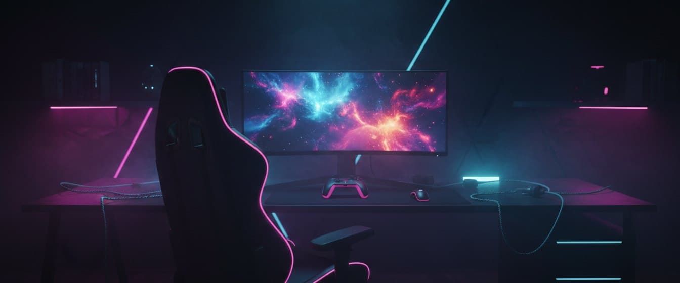 Setup de jogo à noite, com monitor ultrawide aceso e um controle sobre a mesa, iluminado em magenta e ciano.