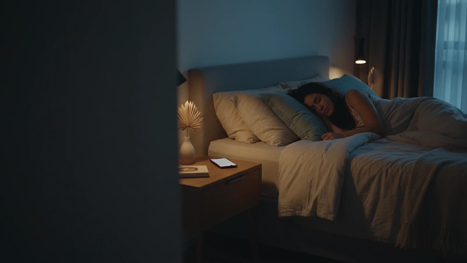 Quarto à noite com o celular aceso na mesa de cabeceira enquanto a dona do negócio dorme