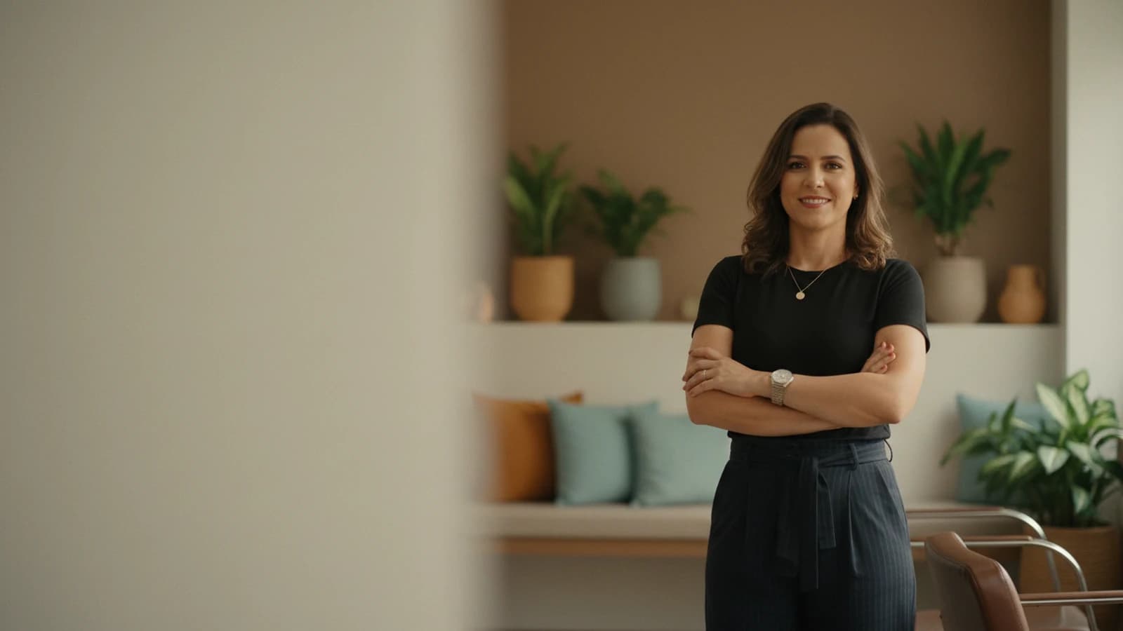 Dona de um estúdio de beleza tranquila, de braços cruzados, no seu espaço