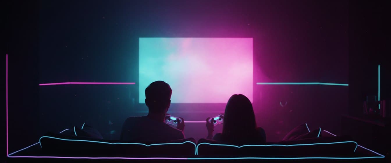 Duas pessoas vistas de costas no sofá, cada uma com um controle, diante de uma TV grande acesa.
